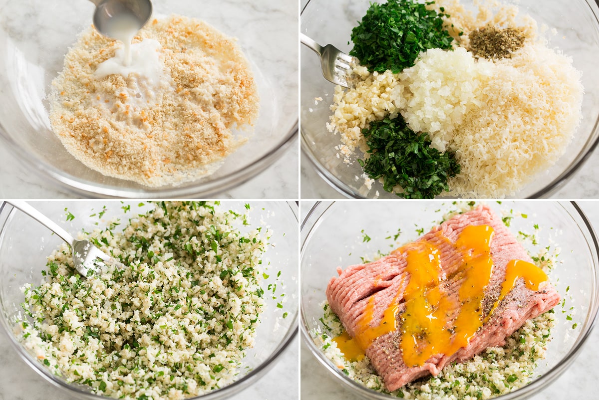 Collage of four photos showing first for steps of mixing turkey meatball ingredients.