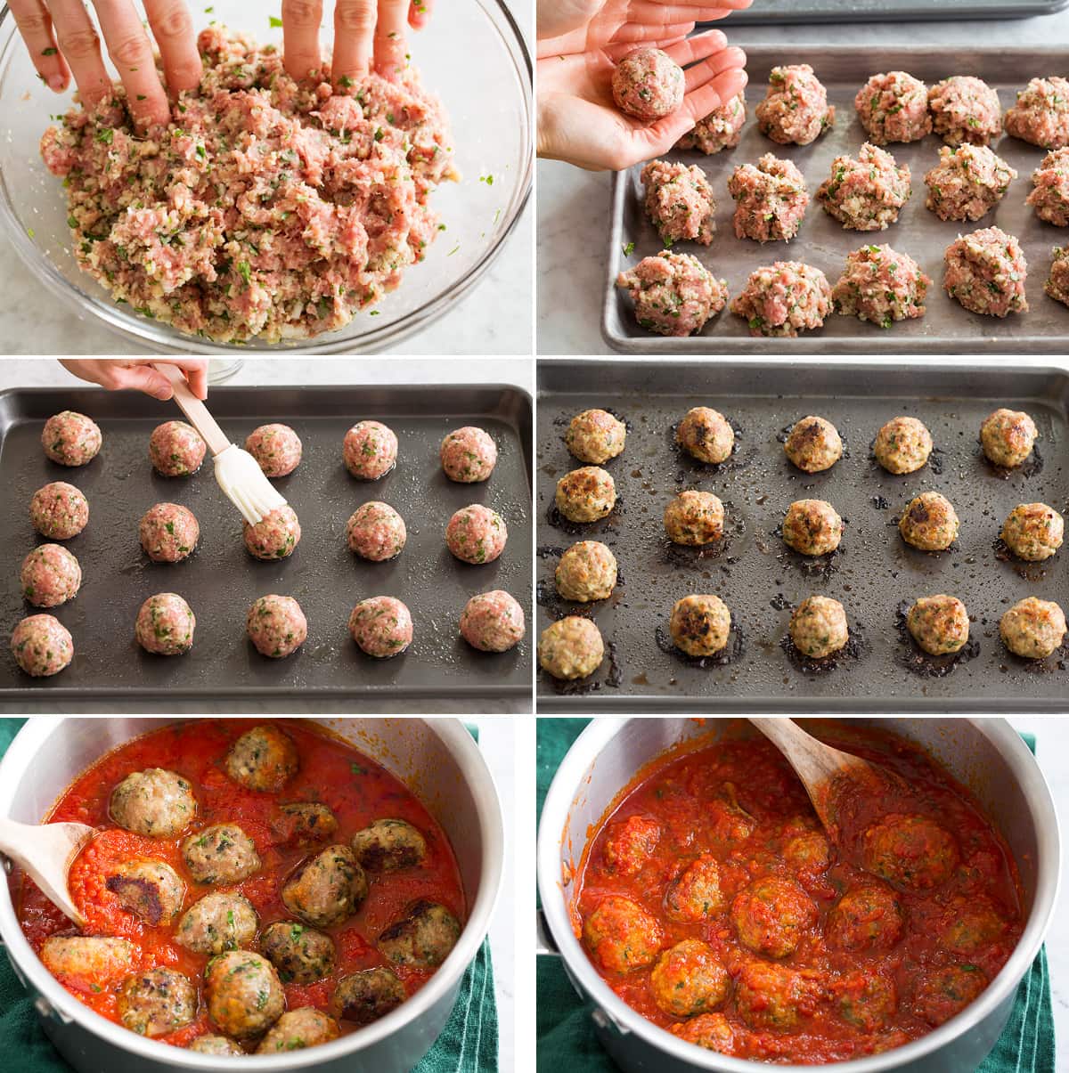 Collage of six images showing shaping turkey meatballs, aligning and baking on baking sheet then cooking in marinara sauce.