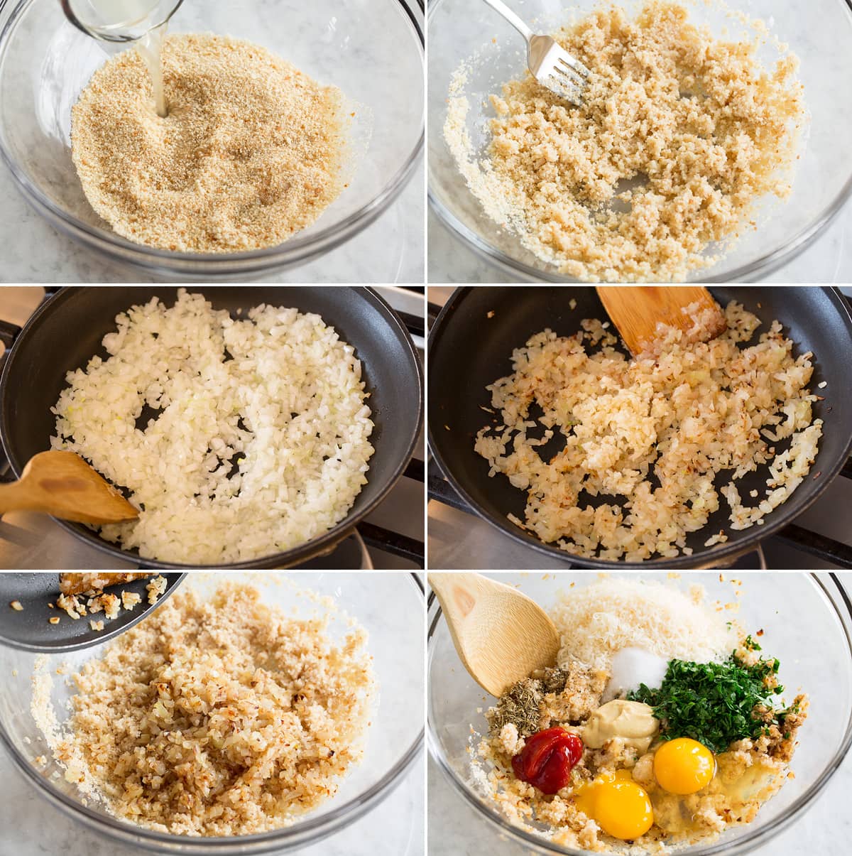 Collage of six photos showing first six steps of making turkey meatloaf. Shows mixing bread crumbs and chicken broth in a bowl. Sautéing onion and garlic in skillet. Adding onion mixture to crumb mixture along with eggs and flavoring ingredients.