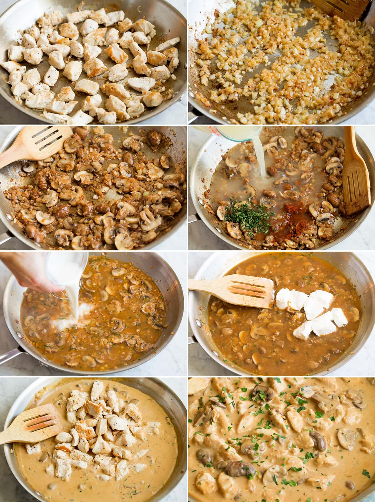 Collage of eight photos showing steps of making chicken stroganoff in a skillet. Shows browning chicken, then onions, then mushrooms. After that includes adding liquids and cream cheese for sauce then mixing chicken back in.