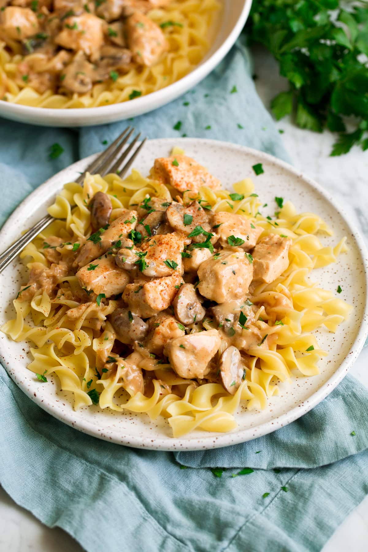 Chicken Stroganoff shown served on over egg noodles on a white dinner plate set over a light blue cloth.