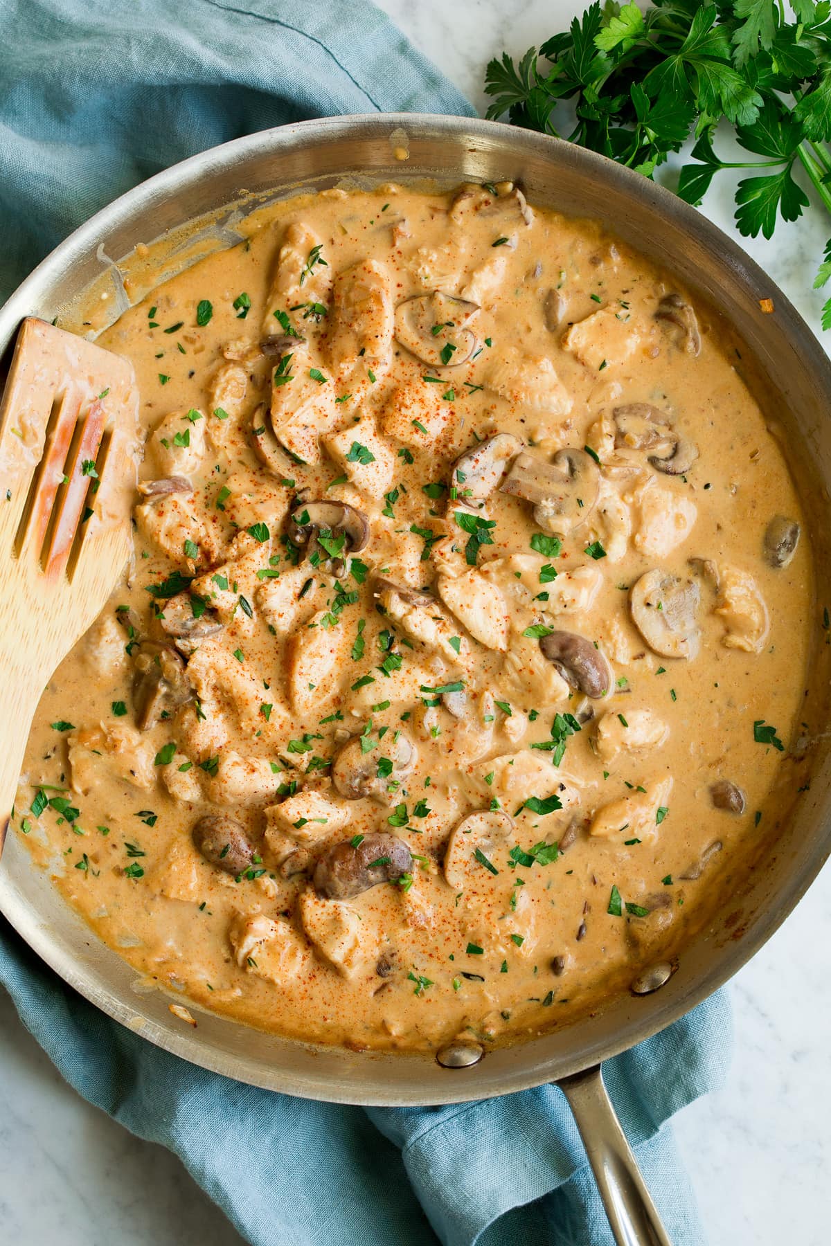 Overhead photo of Chicken Stroganoff in a skillet.