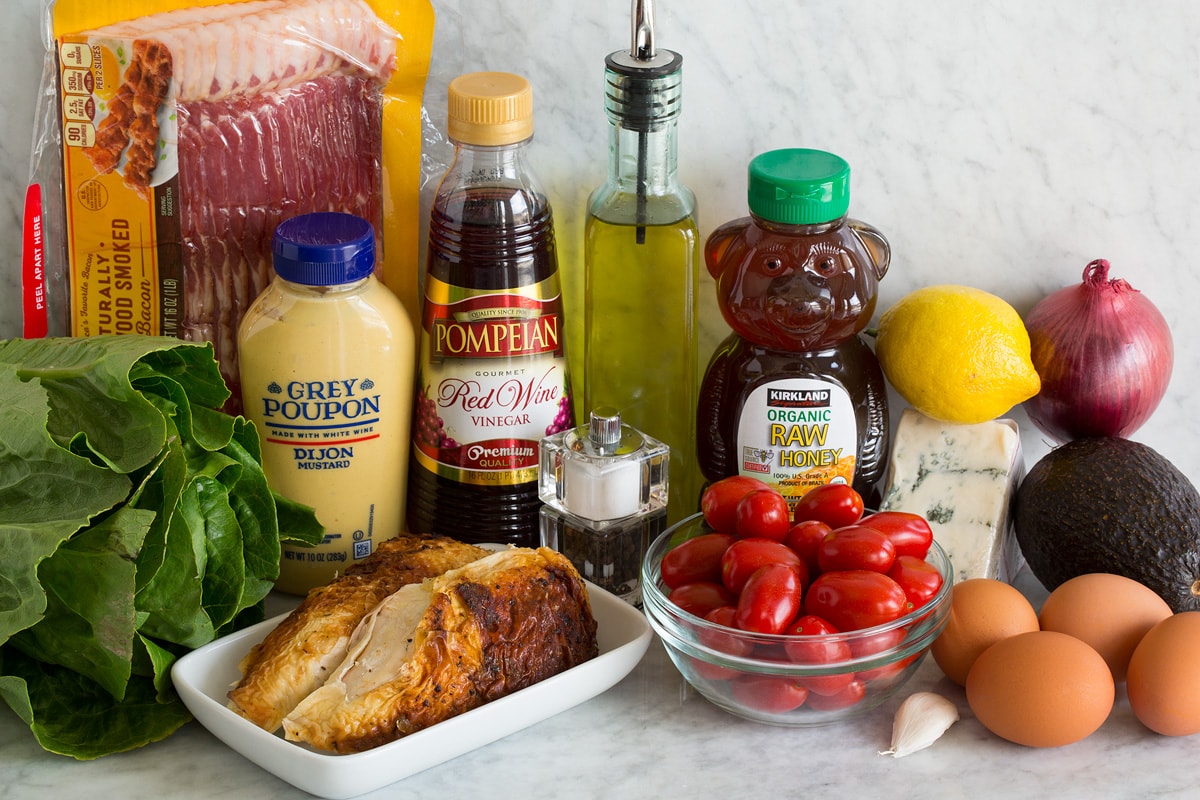 Photo of ingredients used in cobb salad and cobb salad dressing.