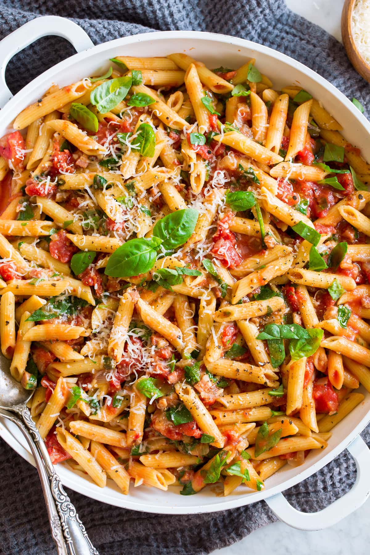 Overhead photo of one pot pasta on a large white serving platter.