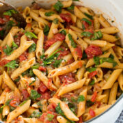 One Pot Pasta with tomatoes, basil, spinach and parmesan.