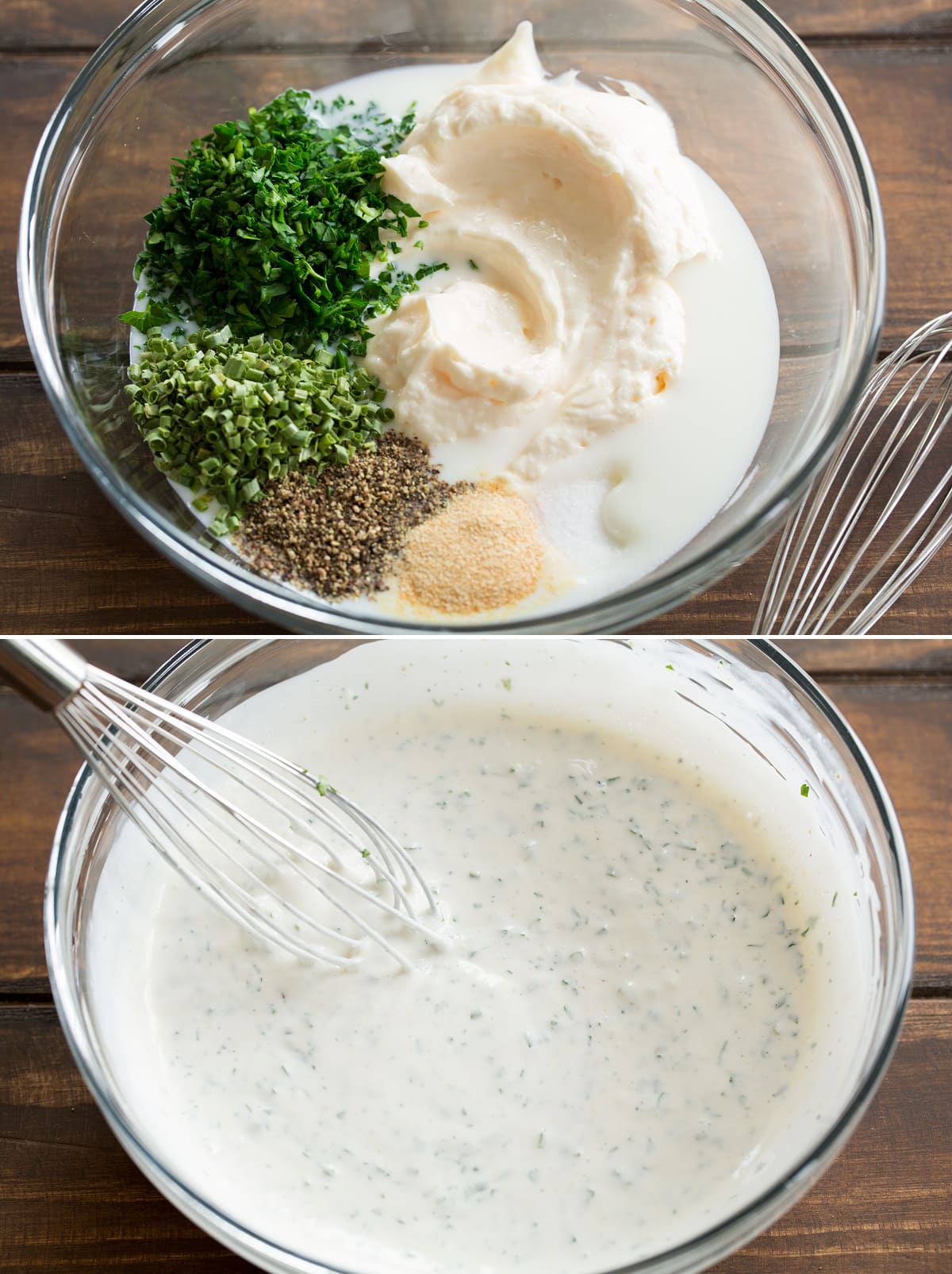 Collage of two photos showing ranch dressing in a mixing bowl before and after mixing ingredients together.