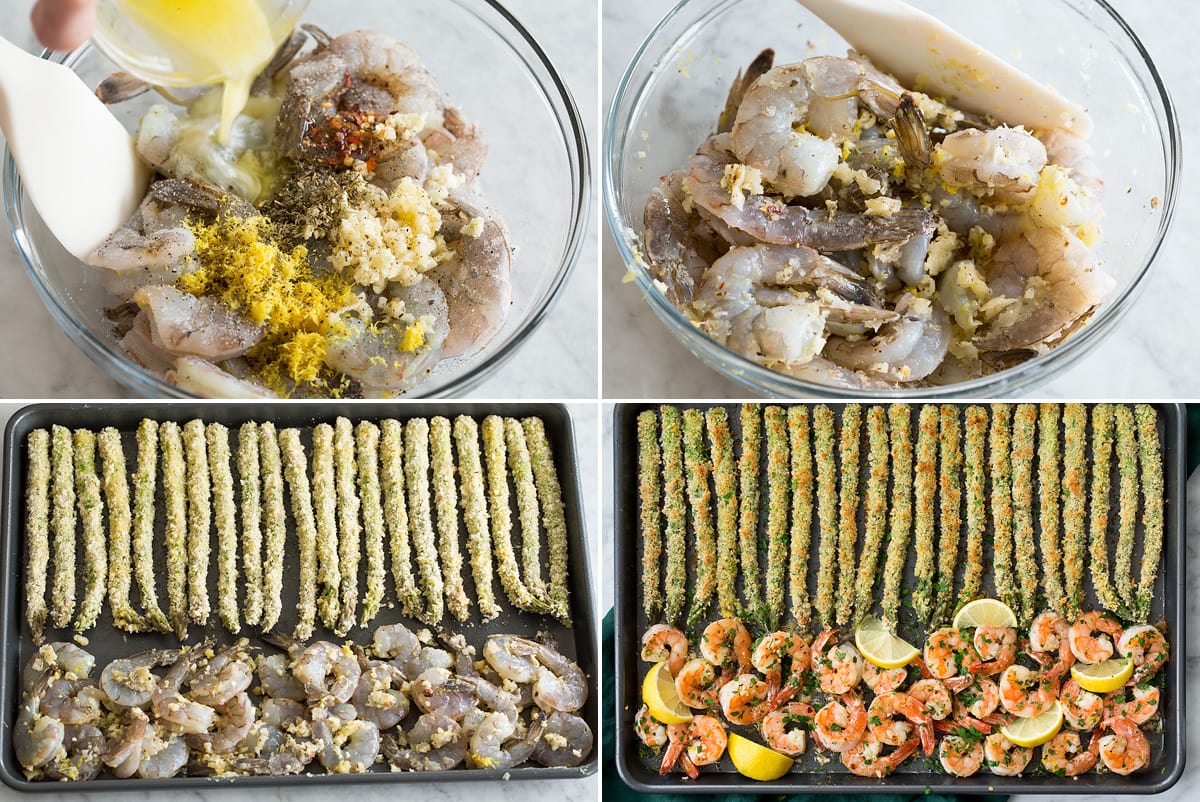 Collage of four images showing how to prepare lemon garlic shrimp and aligning on baking sheet with asparagus.