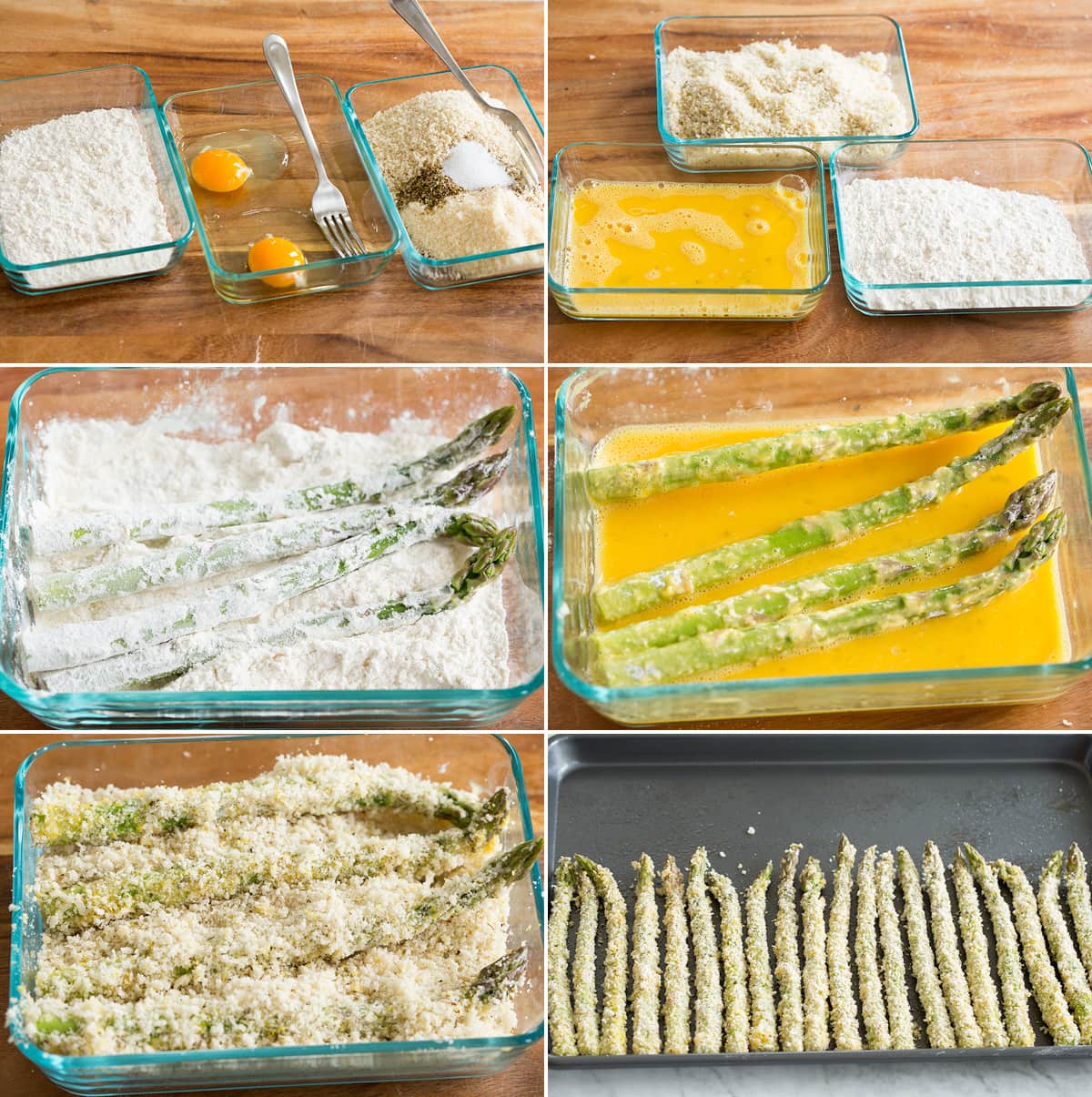 Collage of six images showing how to make panko crusted asparagus.