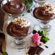 Chocolate Pudding in footed glass serving cups.