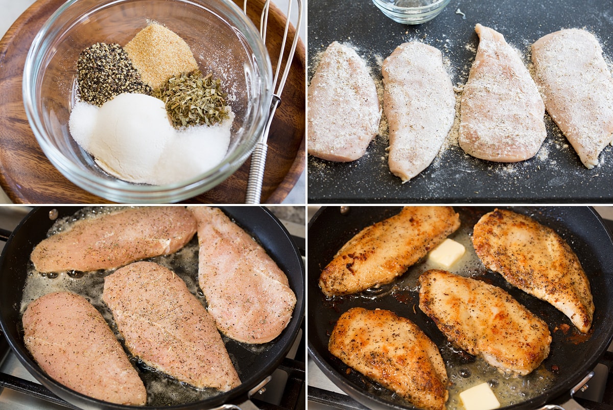 Collage of four photos showing steps to making lemon pepper chicken. Includes whisking seasoning in a bowl, coating chicken in seasoning, then searing chicken on both sides in the skillet.