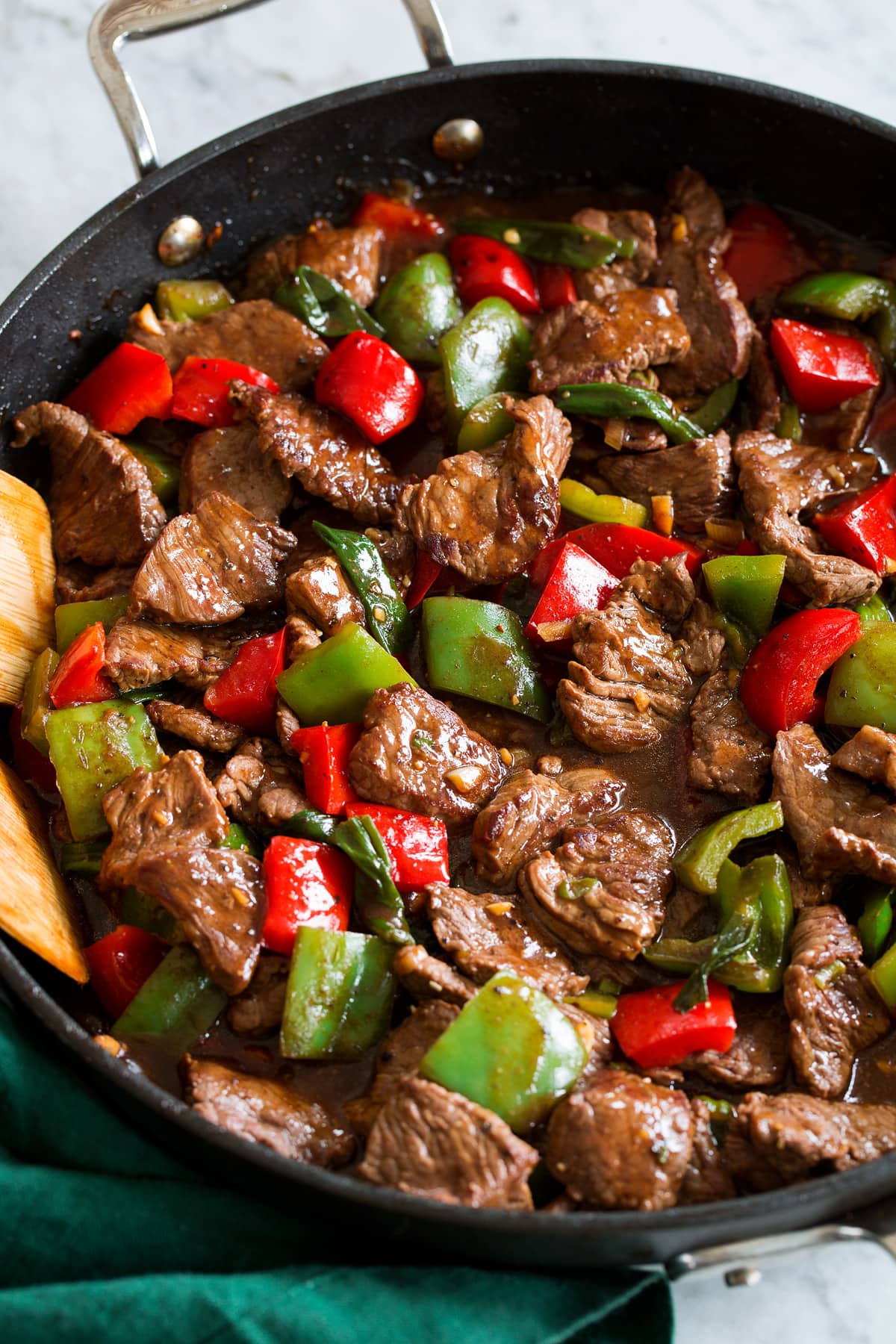 Photo: Pepper steak shown close up.