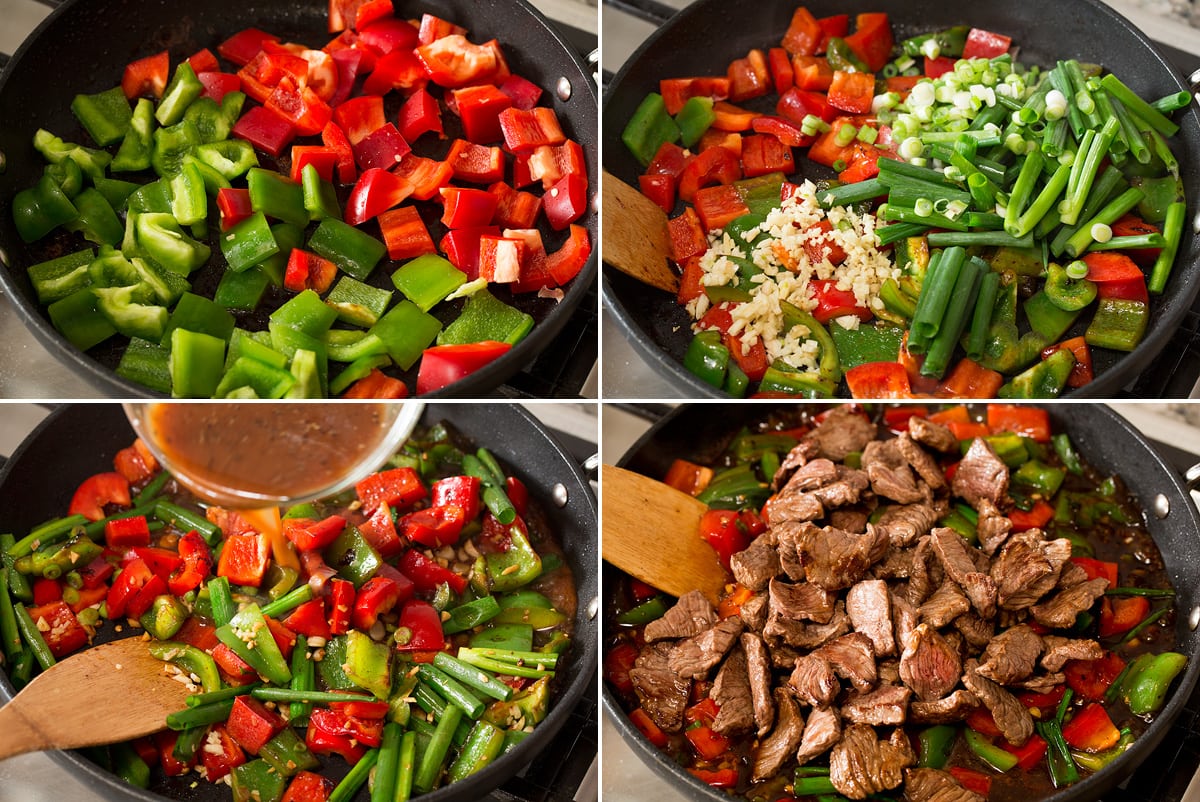 Photo: Collage of four images showing sauteing vegetables in a skillet then adding sauce, then steak.