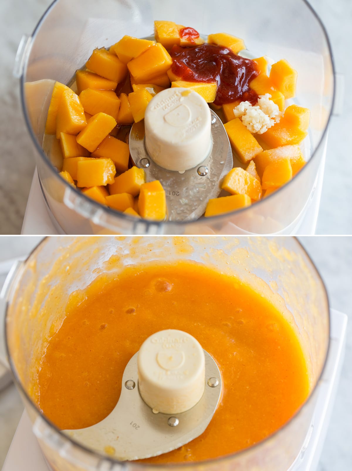 Photo: Collage of two images showing mango sauce mixture before and after mixing in a food processor.