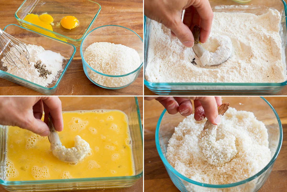 Photo: Collage of four images showing steps to dredging coconut shrimp before frying.