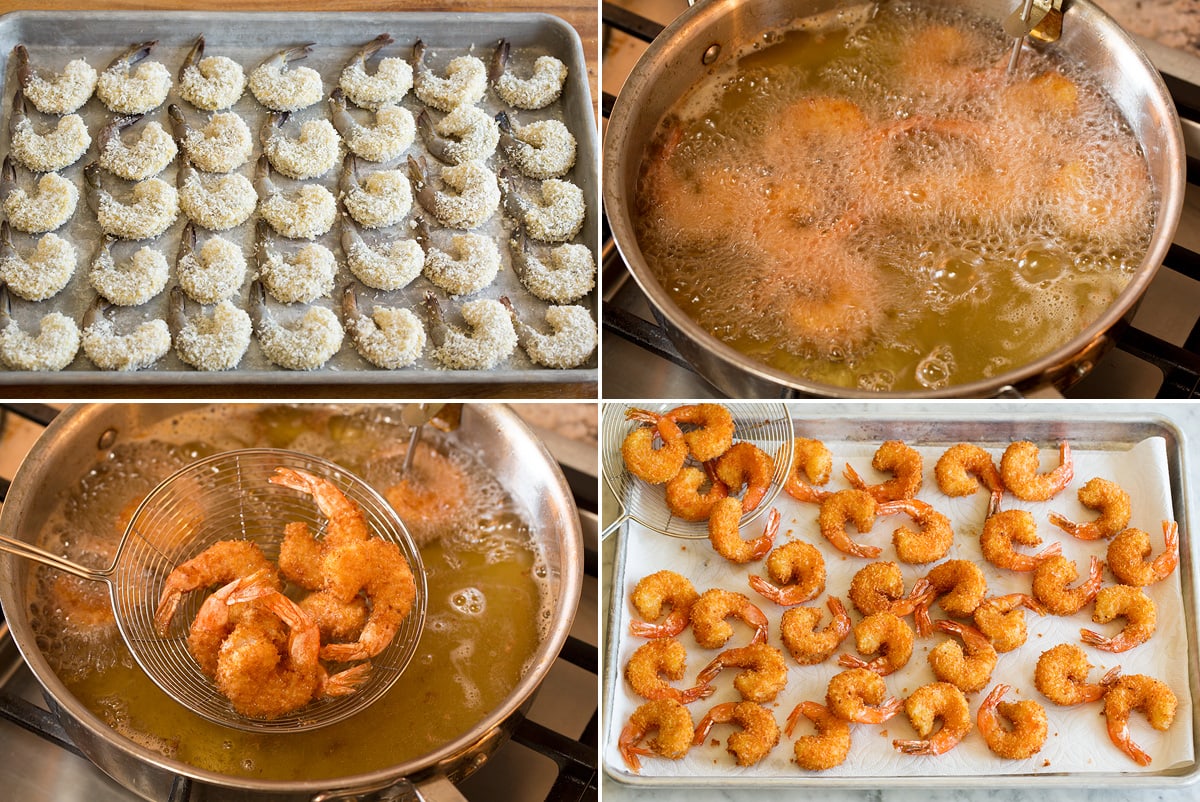 Photo: Collage of four images showing prepared shrimp before frying, then how to fry, then draining on paper towels.