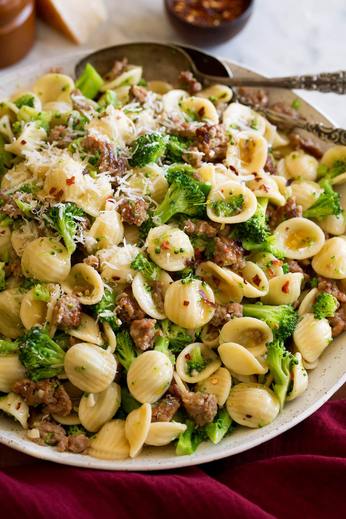 Photo: Orecchiette pasta with broccoli, Italian sausage and parmesan in a s olive oil sauce.