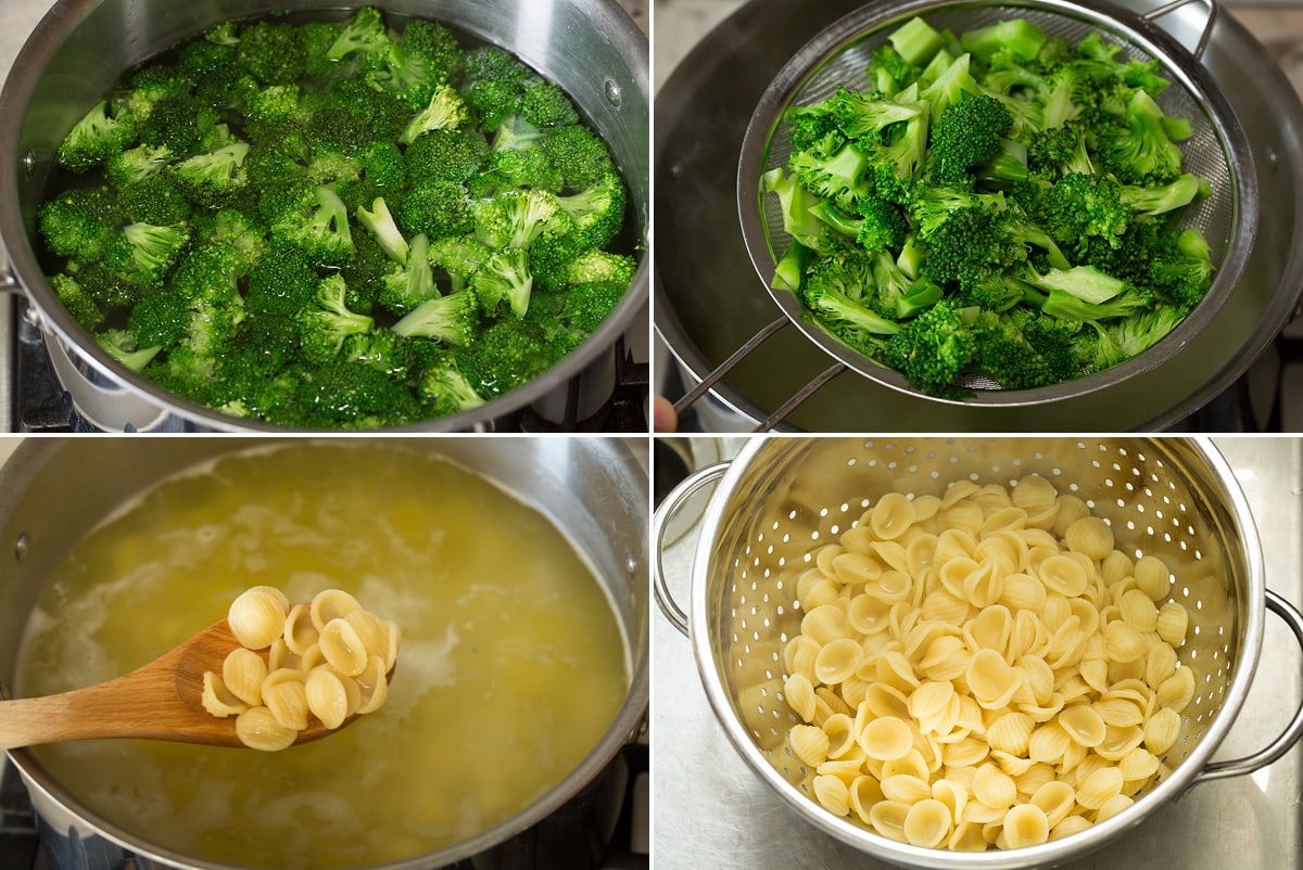 Photo: Collage of four images showing how to boil and drain broccoli and cook orecchiette pasta in boiling water in pot.