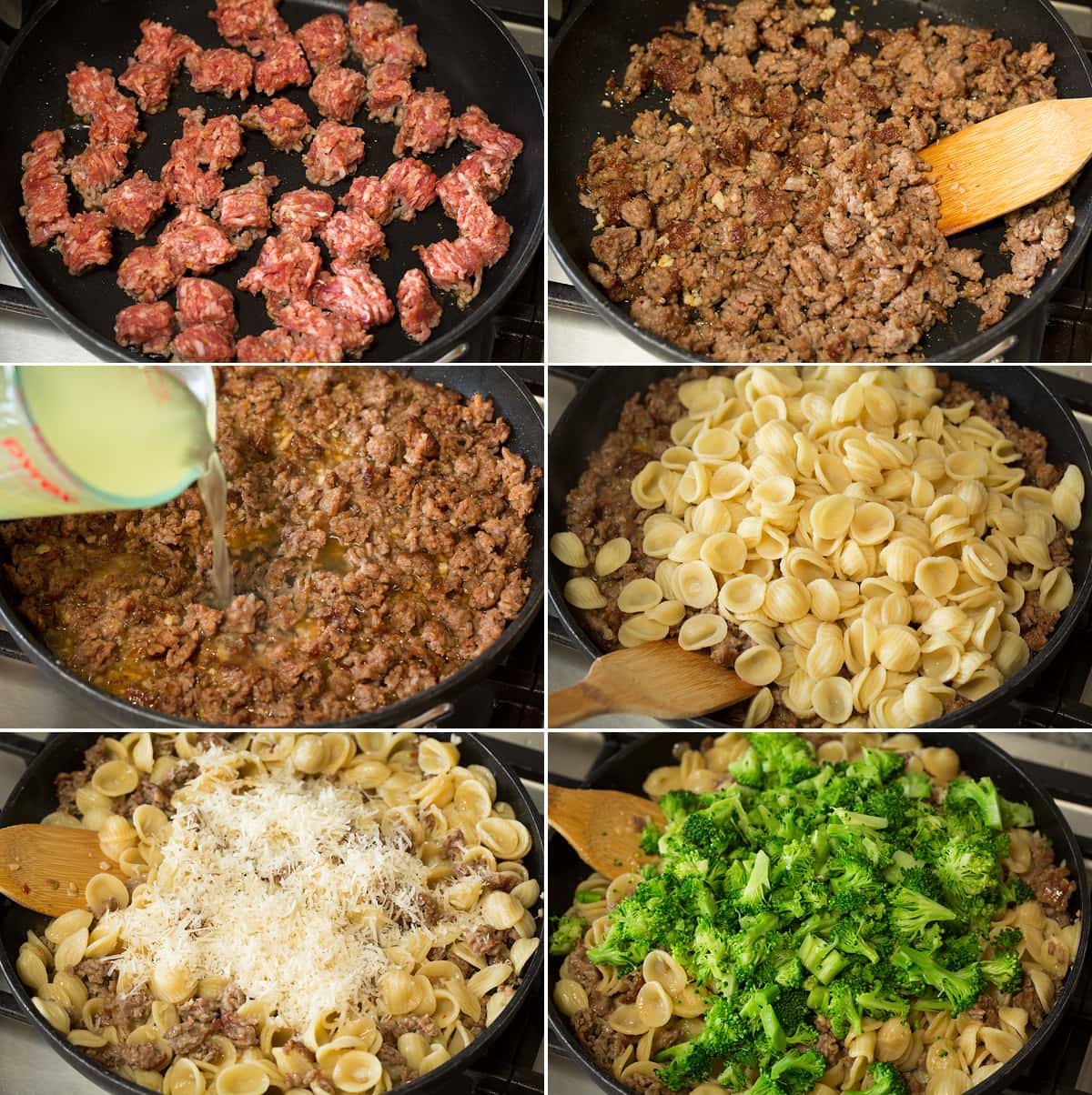 Photo: Collage of six images showing how to finish making orecchiette pasta recipe. Includes browning sausage in skillet, adding pasta water, adding cooked pasta, then parmesan and broccoli.