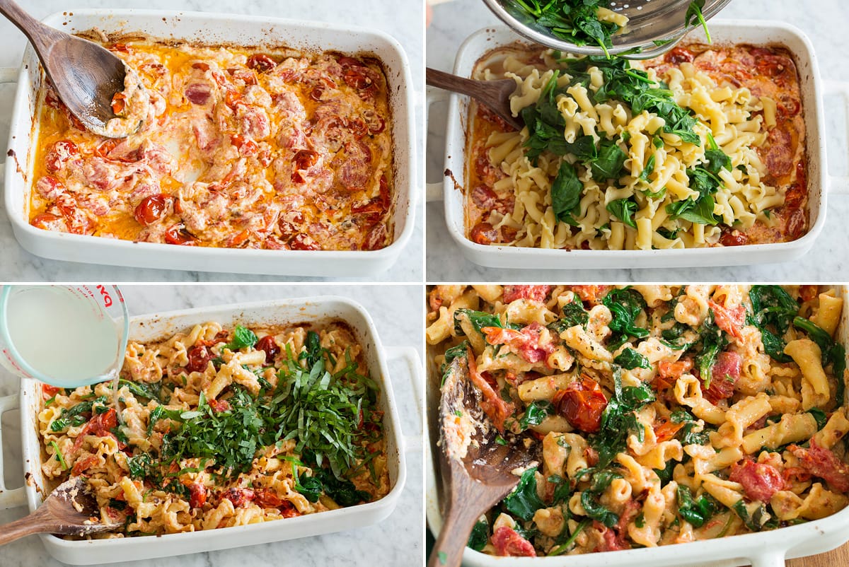 Collage of four photos showing steps to finish baked feta pasta. Includes mixing roasted tomatoes and feta, adding cooked pasta and spinach, thinning with pasta water and shows completed dish.