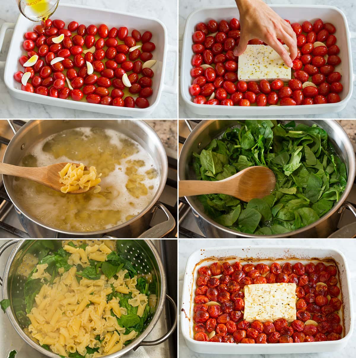 Collage of six photos showing steps to roasting tomatoes and feta in a baking dish, and boiling pasta and spinach.