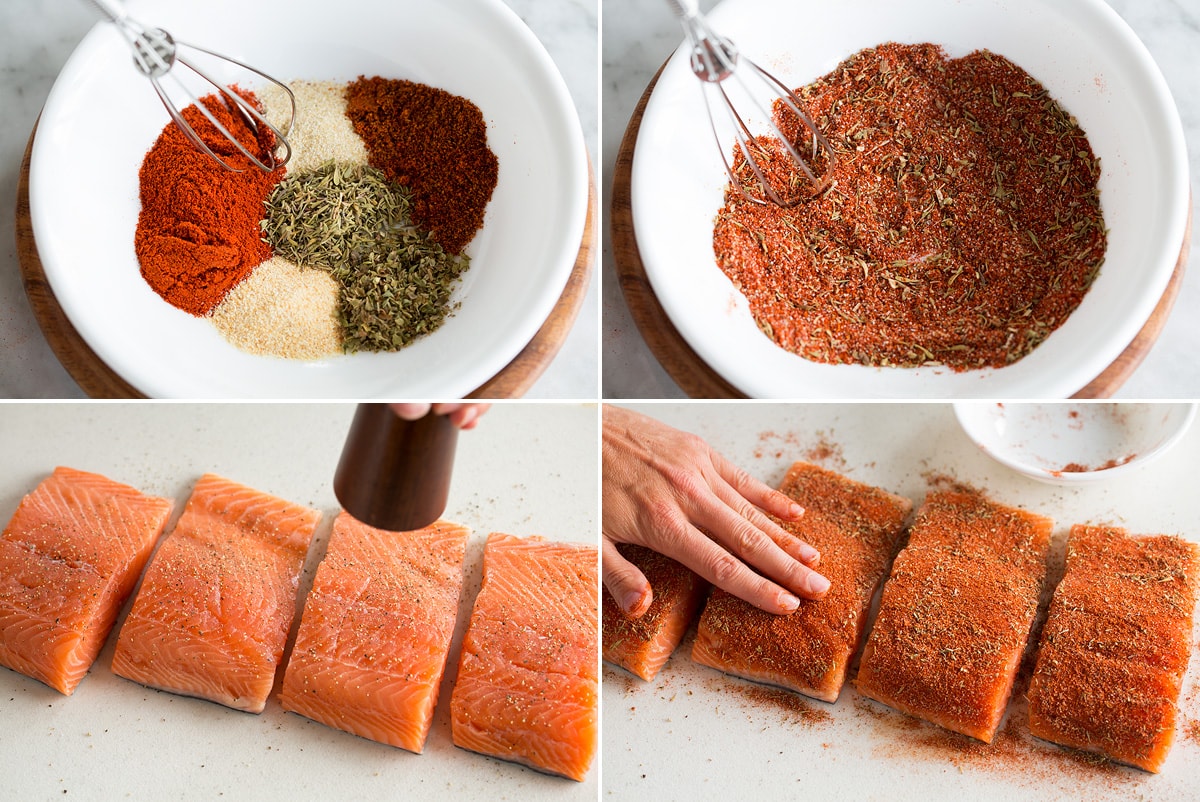 Collage of four photos showing process of making cajun spice seasoning for blackened salmon and spreading it over the fillets.