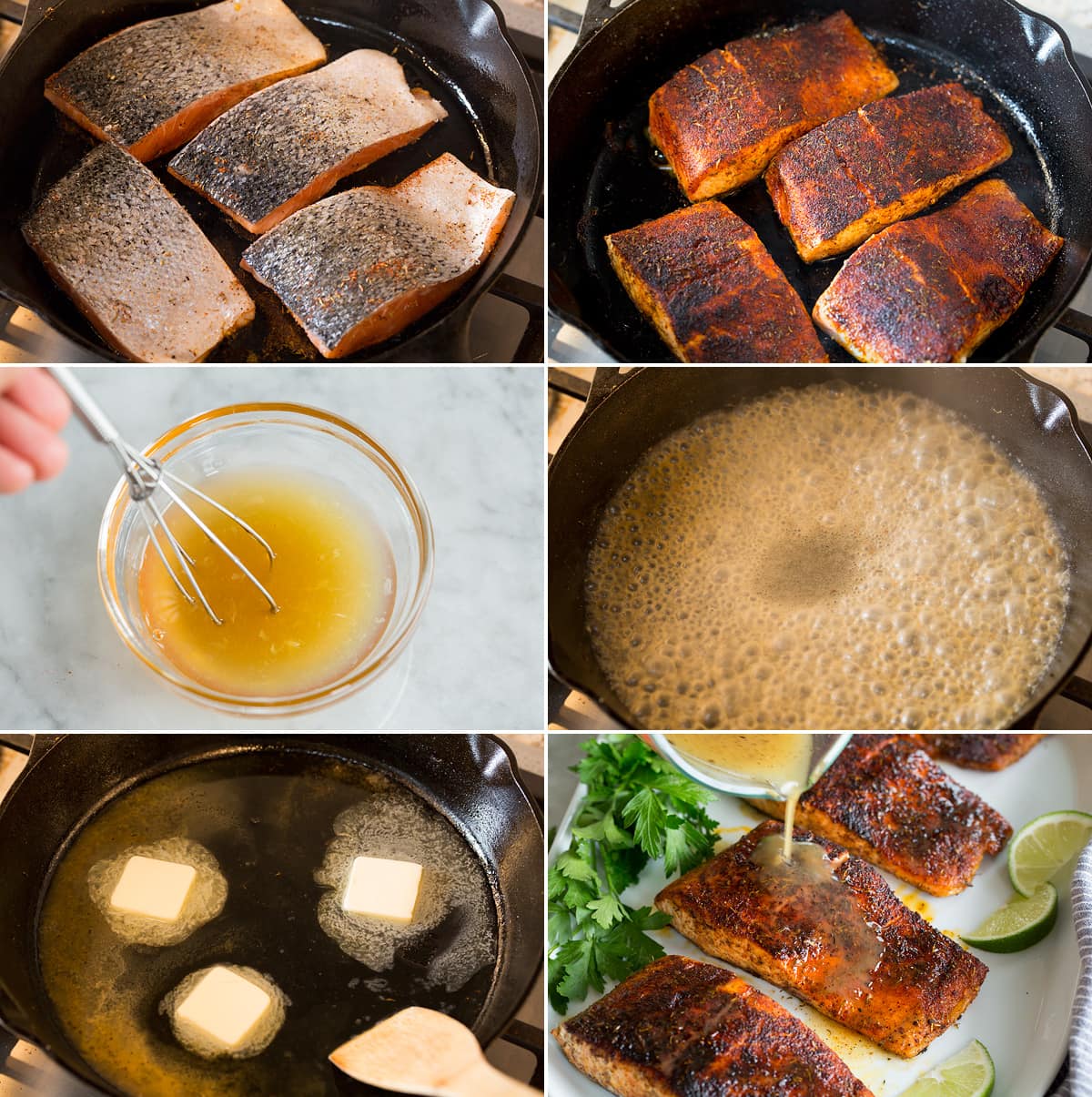 Collage of six images showing how to blacken salmon in skillet then making a honey lime sauce to serve atop.