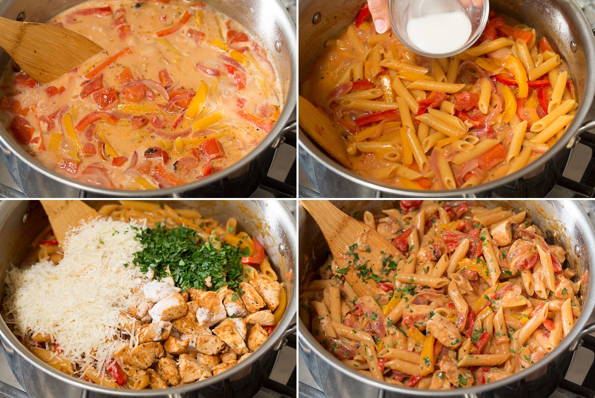 Collage of four continued photos of making cajun chicken pasta. Includes pasta boiling, pasta after cooking, adding remaining ingredients and the finished product.