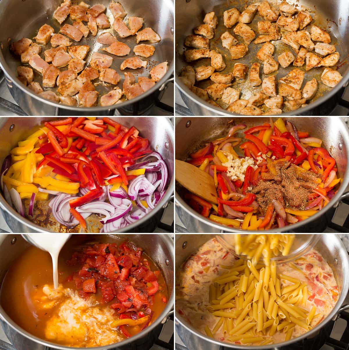 Photo: Collage of six images showing steps of browning chicken in pot, sautéing vegetables, adding liquid and pasta to pot for a cajun chicken pasta recipe.