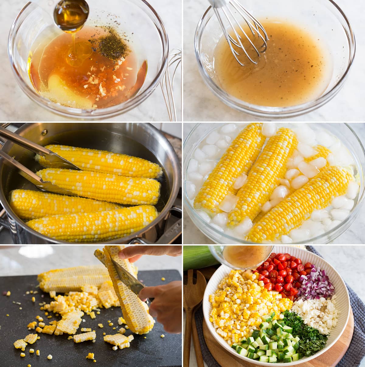 Photo: Collage of six images showing steps of making dressing for corn salad. Boiling corn salad then cooling in ice water. Cutting corn kernels from cob then adding all salad ingredients to a large bowl.