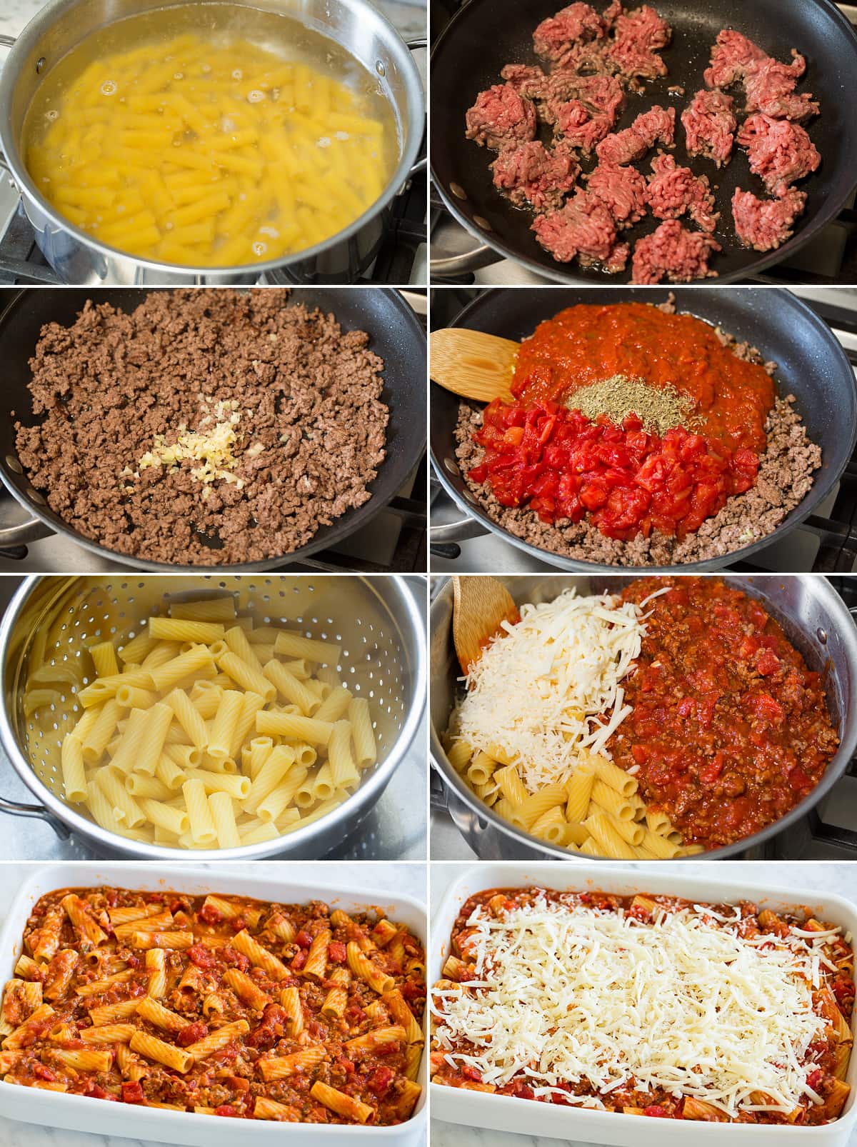 Collage of eight photos showing steps of making rigatoni. Includes boiling pasta, cooking beef, mixing pasta cheese and sauce, spreading into a baking dish and baking.