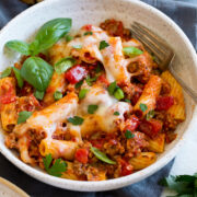 Rigatoni pasta with marinara sauce, beef and cheeses shown served in a pasta bowl.