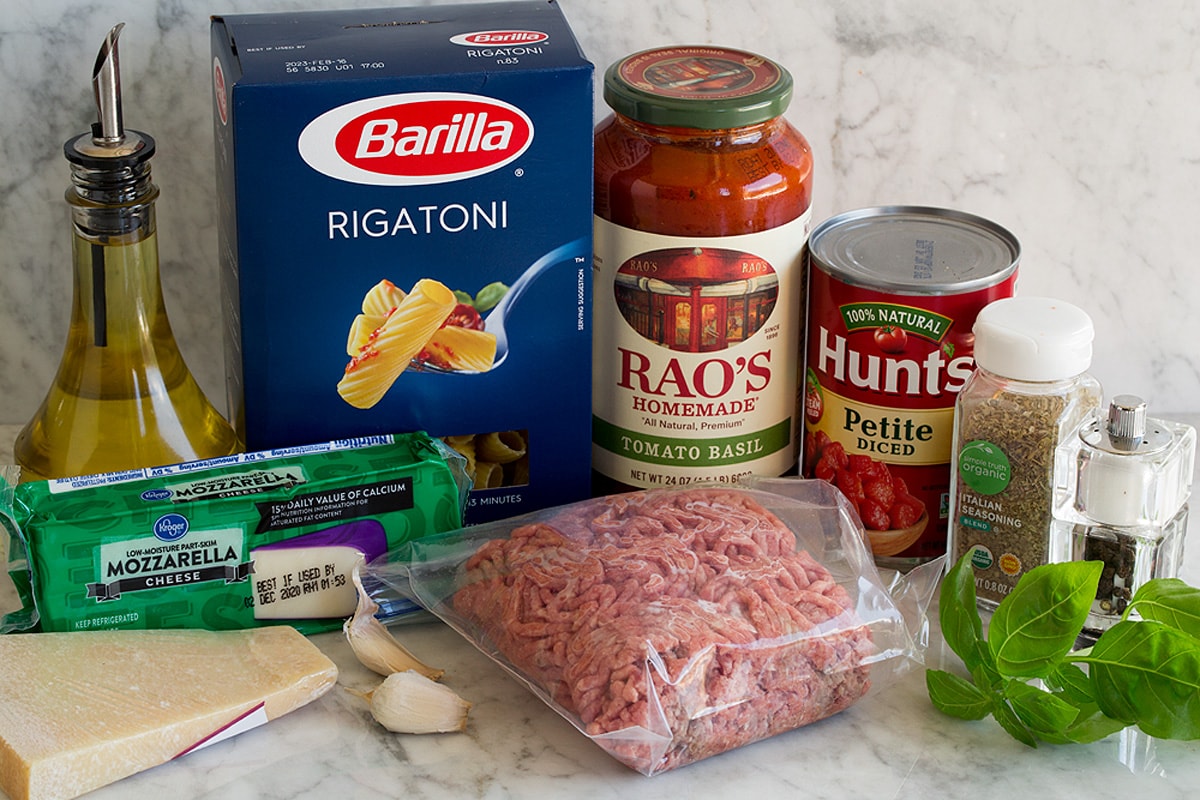 Ingredients used to make baked rigatoni.