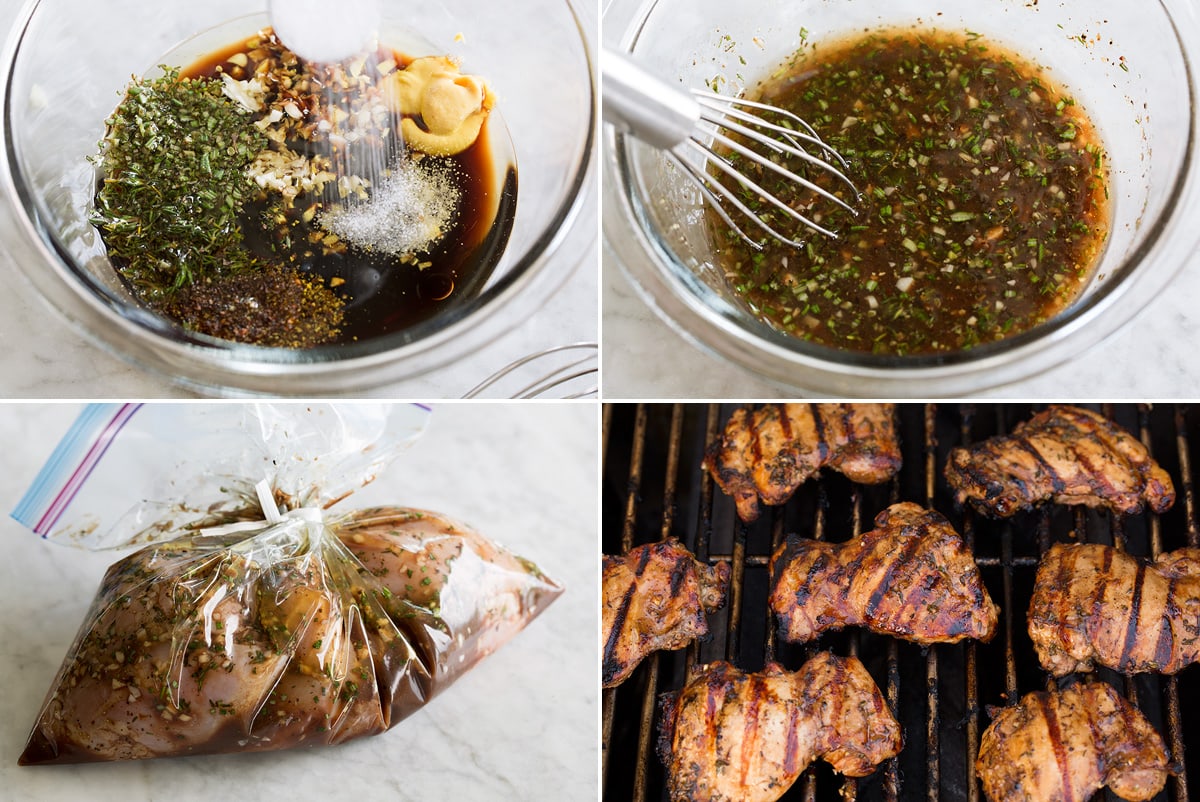 Collage of four photos showing steps of making balsamic marinade, soaking with chicken in bag, then grilling. 