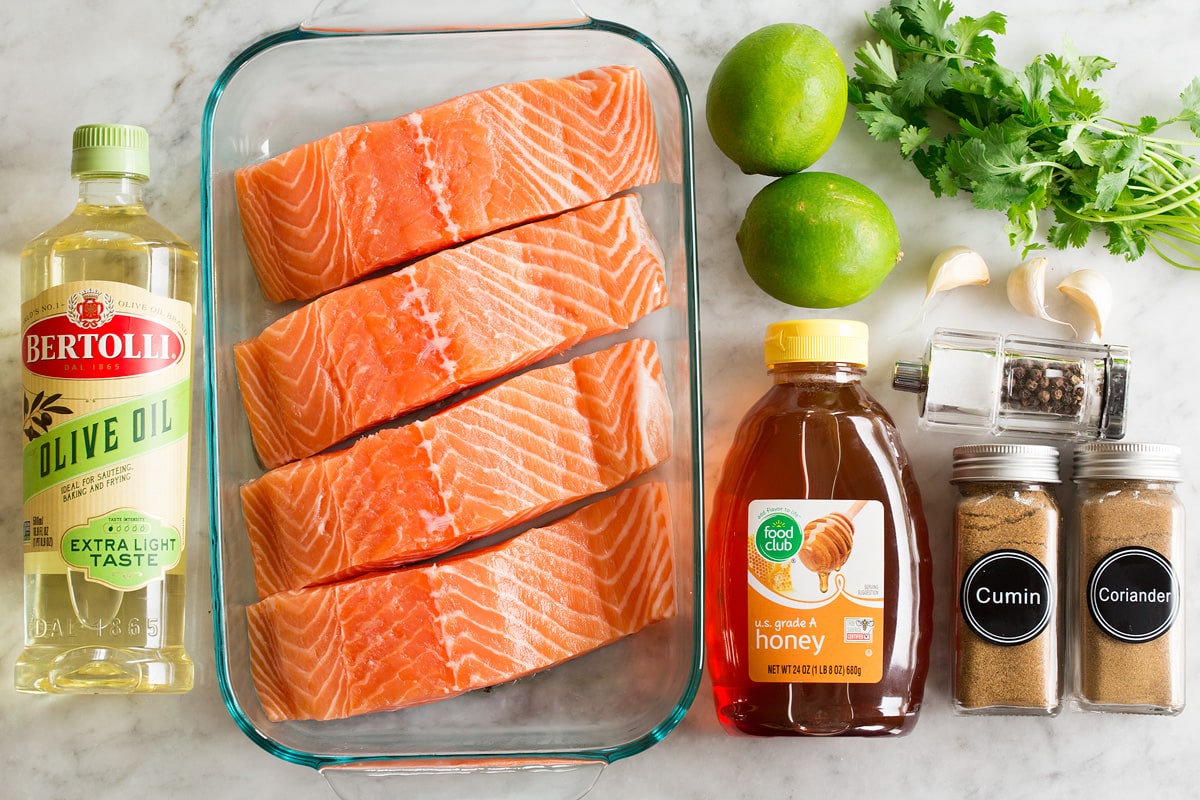 Overhead photo of ingredients used to make broiled salmon with honey, lime, olive oil, garlic, cilantro and spices.