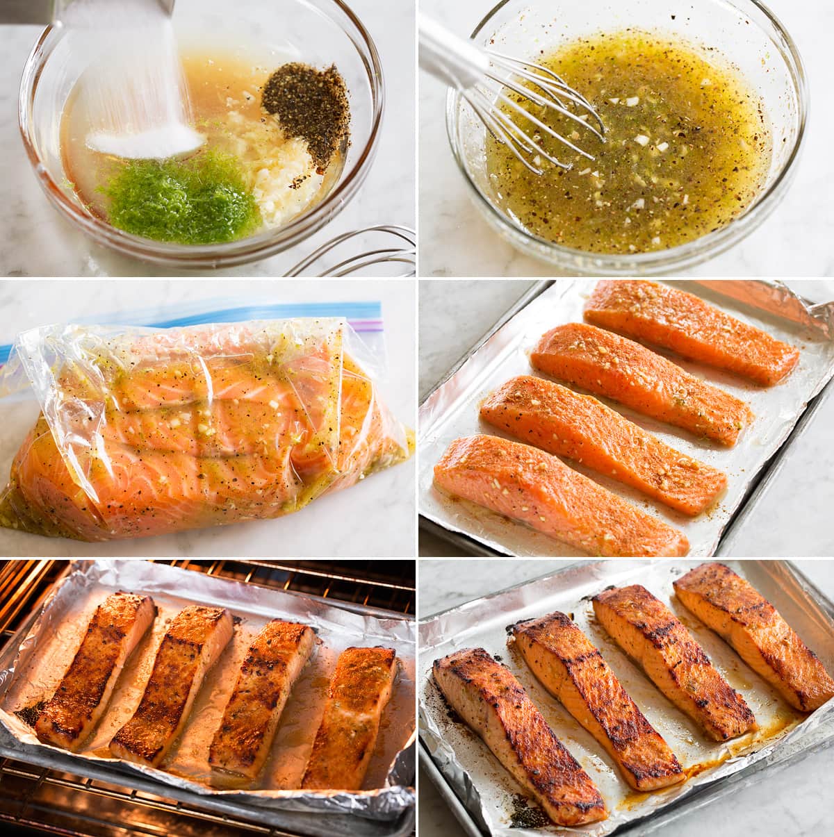 Collage of six photos showing steps of making salmon marinade, soaking salmon in marinade, and aligning on foiled lined baking sheet. Then it's shown under the broiler and completed.