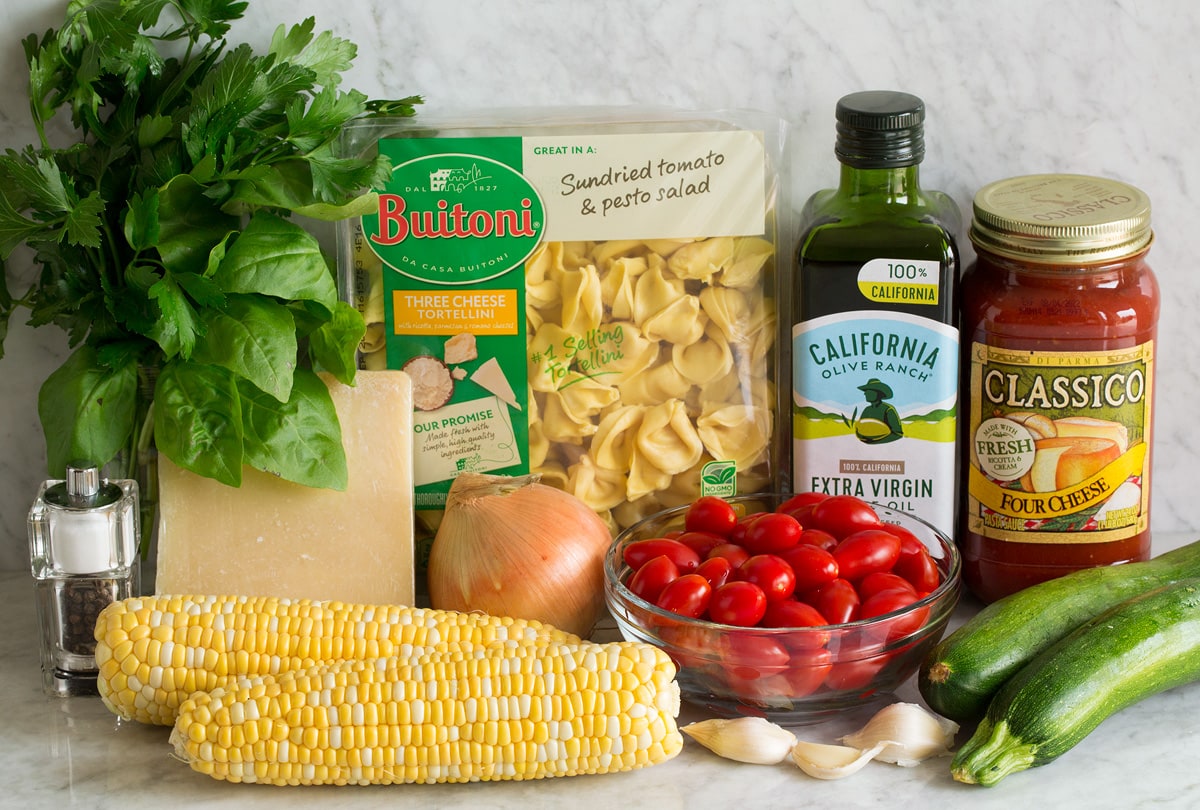 Photo: Ingredients used to make cheese tortellini with vegetables shown here.