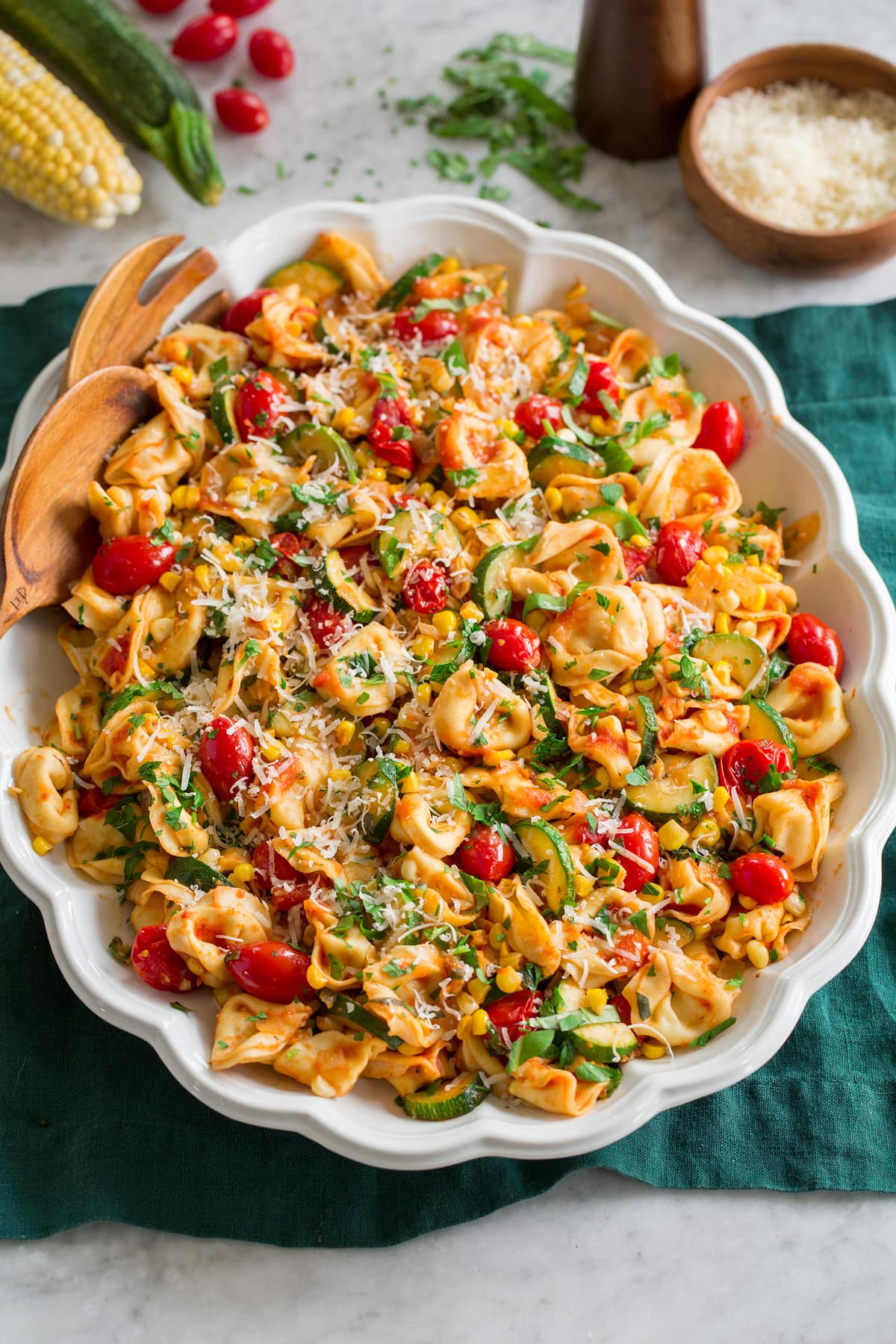 Photo: A tortellini recipe shown in a serving dish from a side angle.