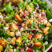 Photo: Completed Farro Salad shown from a close up side angle.