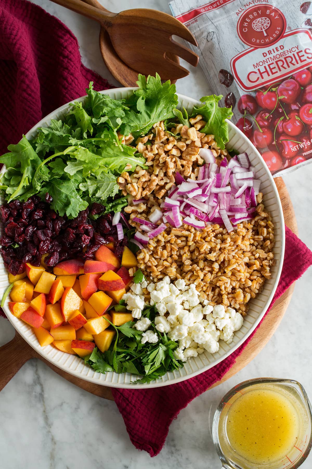 Photo: Farro Salad ingredients before mixing in a large ceramic bowl.