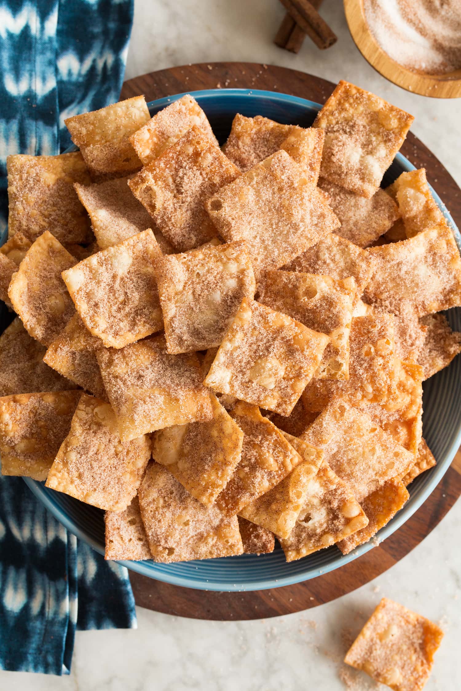 Cinnamon sugar wonton chips shown from above. 