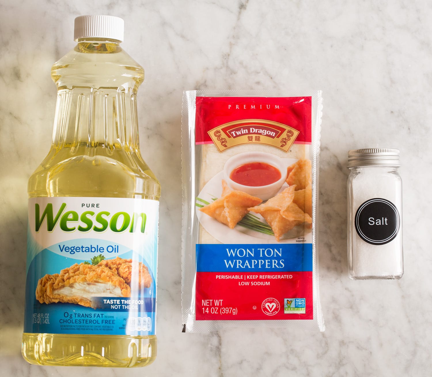 Ingredients needed to make fried wonton strips.