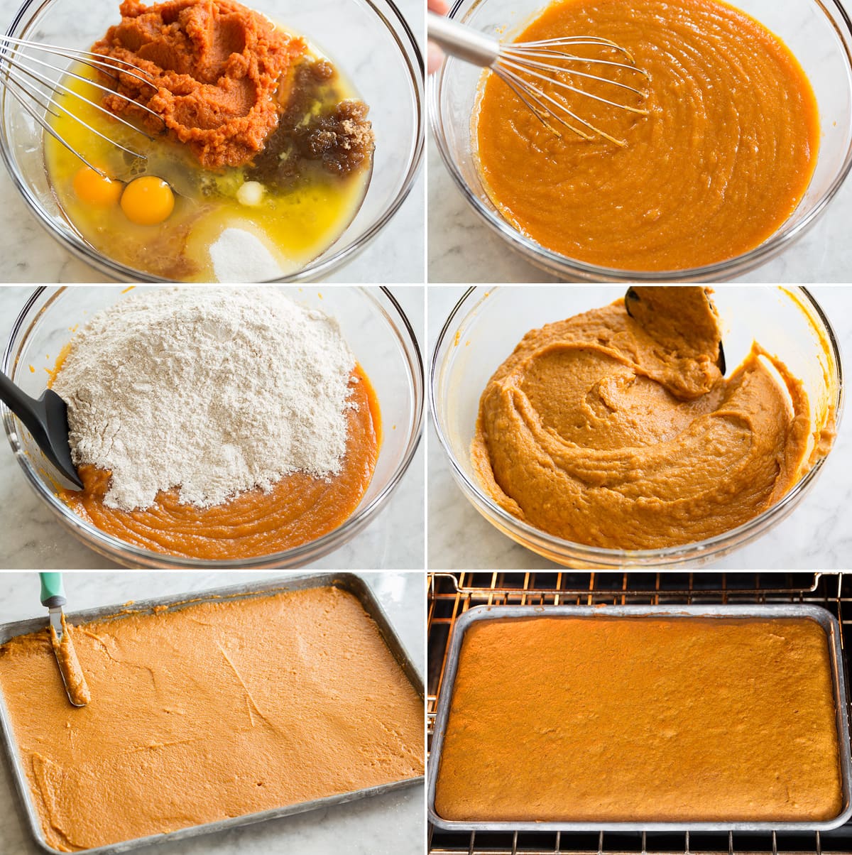 Collage of six photos showing steps to make pumpkin bars. Includes combining wet and dry ingredients, spreading into pan, and baking.