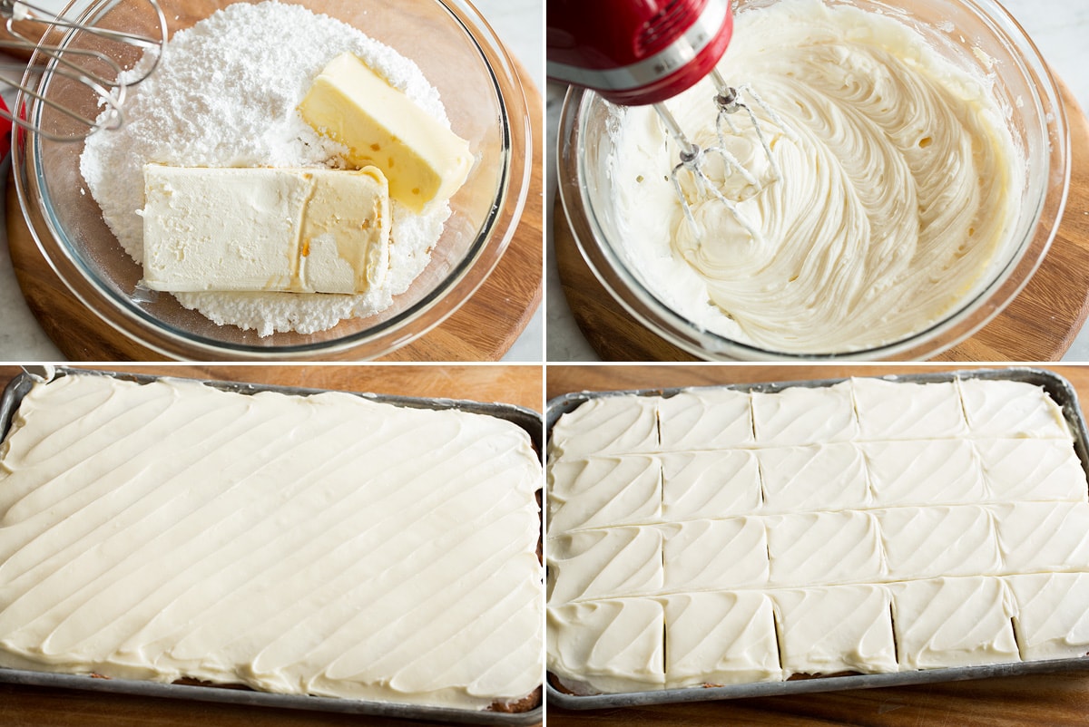 Four photos showing steps of making cream cheese frosting and spreading over bars.