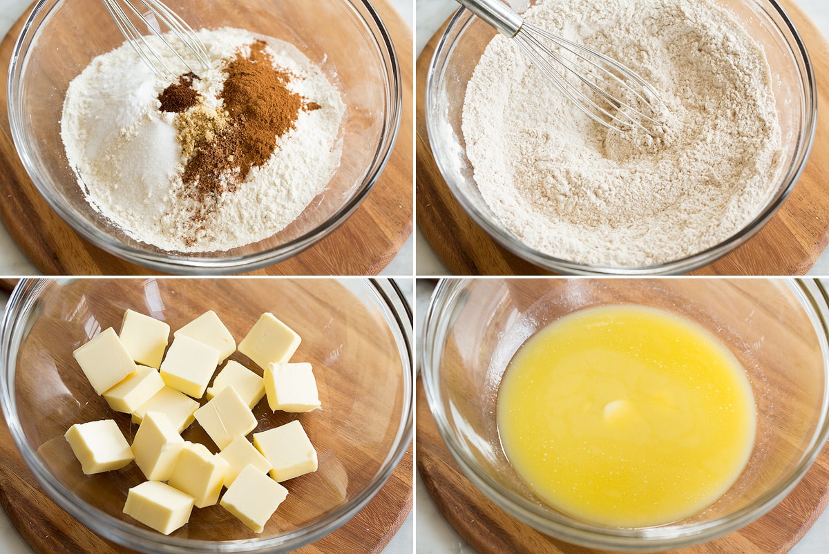 Collage of four photos showing flour mixture and butter for pumpkin bars.