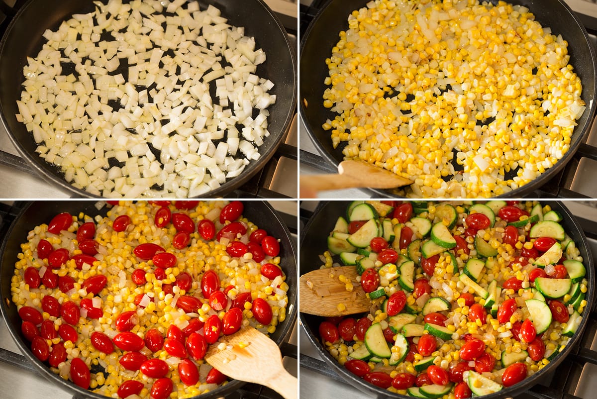 Collage of four photos showing how to saute vegetables.