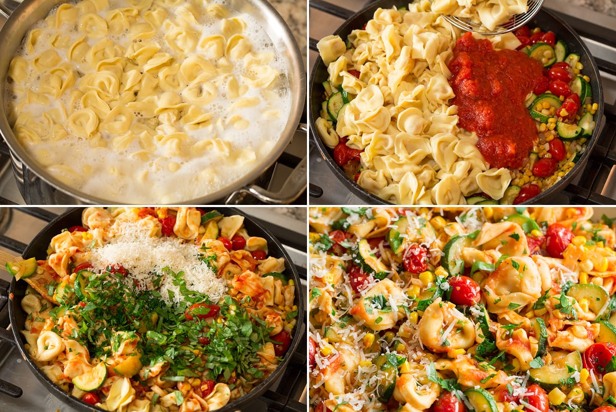 Photo: Collage of four photos showing how to cook tortellini and toss with sauteed vegetables and sauce.