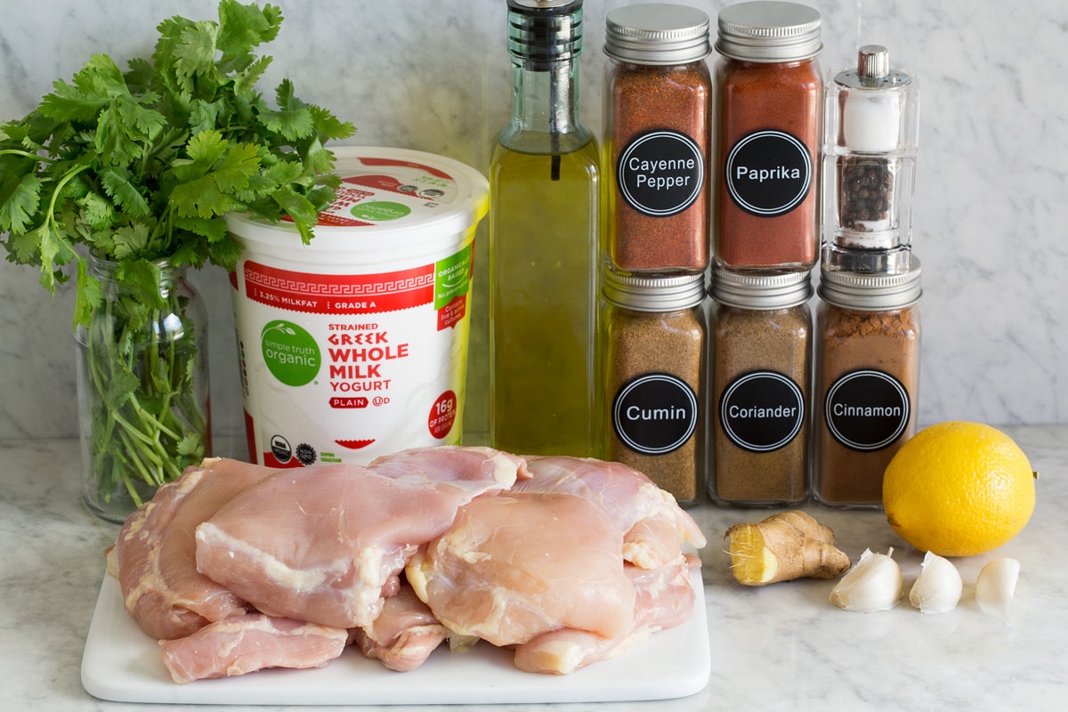 Ingredients used to make yogurt marinade grilled chicken.