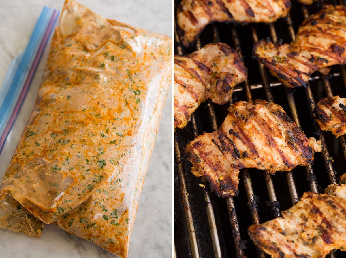 Collage of two photos. Chicken thighs in yogurt marinade in a ziploc, then showing chicken being grilled.