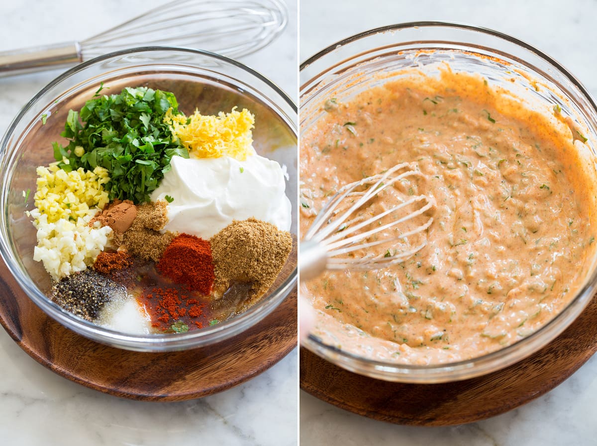 Collage of two photos showing yogurt marinade before and after mixing.