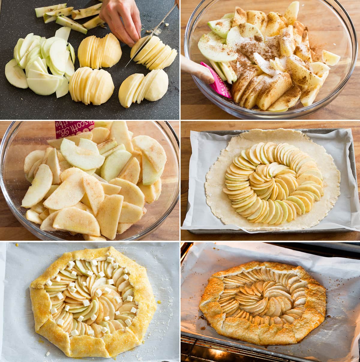 Collage of six images showing how to make apple topping for galette and assemble the gallete. Also shows it baking in the oven.